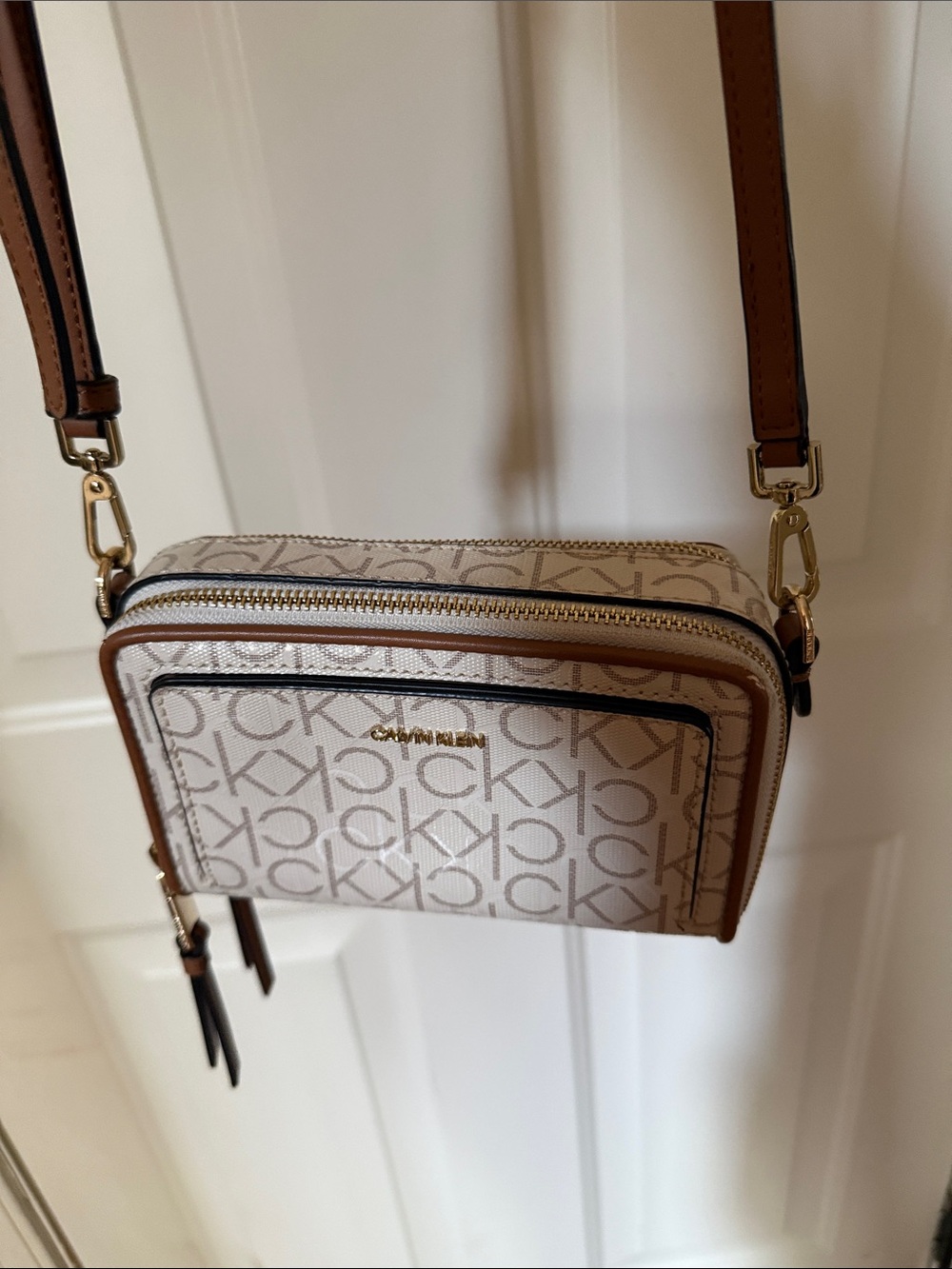 Calvin Klein Cream Monogram Crossbody with Tan Trim